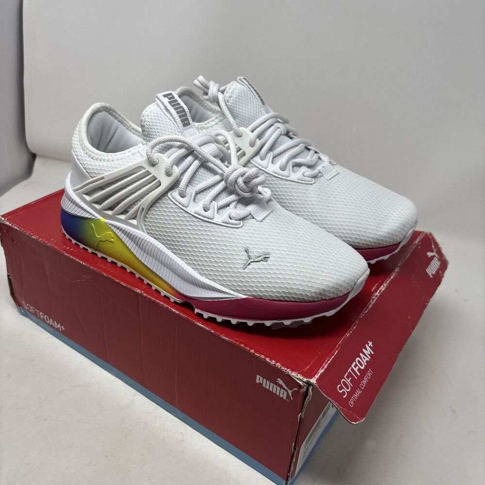 ⁠Puma Pacer Future Fluo Womens Size 8 White Rainbow Gradient Sneakers 389130 01⁠